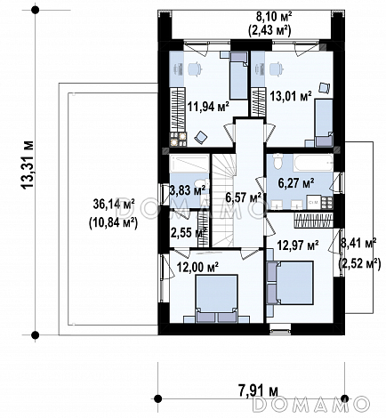 Проект двухэтажного дома с гаражом, гостиной с камином, кладовой, балконами, мастер-спальней / План 2 этажа