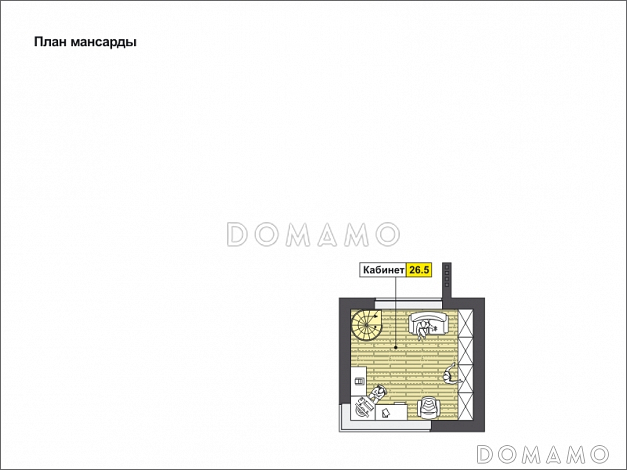 Проект дома с косой крышей, террасой, вытянутой прямоугольной кухней, просторной совмещенной гостиной столовой, спальней на первом этаже, вторым светом, игровой, кабинетом под крышей / План мансардного этажа