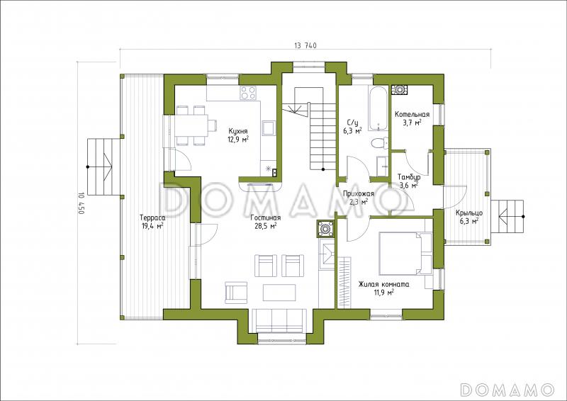 Проект коттеджа из SIP панелей с эркером и террасой. / План 1 этажа