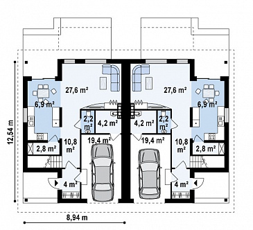 Проект мансардных домов-близнецов из кирпича с гаражом и французскими балконами / План 1 этажа