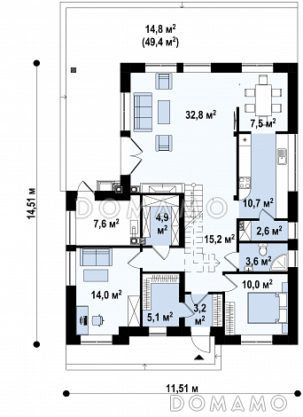 Проект дома с мансардой, террасой, кабинетом, кладовой, вторым светом, мастер-спальней / План 1 этажа