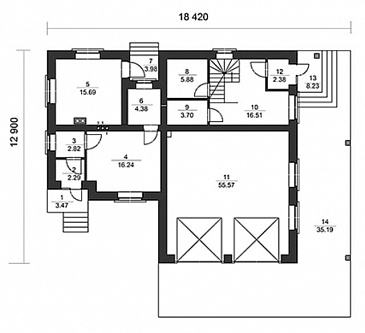 Проект гаража для двух автомобилей с комнатой для охраны на первом этаже / План 1 этажа