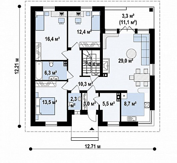 Проект одноэтажного дома с угловым окном на кухне, камином в гостиной, террасой, подвалом / План 1 этажа