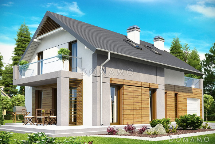 Проект одноэтажного мансардного дома из газобетона с дополнительной спальней на первом этаже, гаражом и террасой над ним