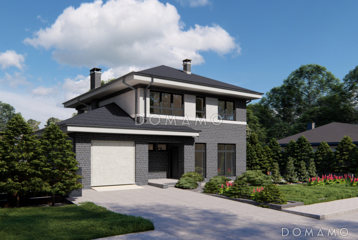 Проект двухэтажного дома с гаражом, кухней с выходом на террасу, кабинетом