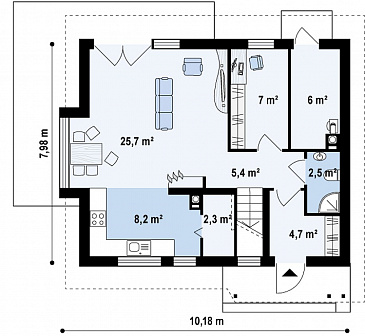 Проект небольшого одноэтажного мансардного дома из газобетона с кабинетом на первом этаже и эркером / План 1 этажа