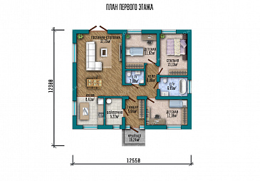 Проект одноэтажного дома с окнами в пол, тремя спальнями и выходом из гостиной в сад / План 1 этажа