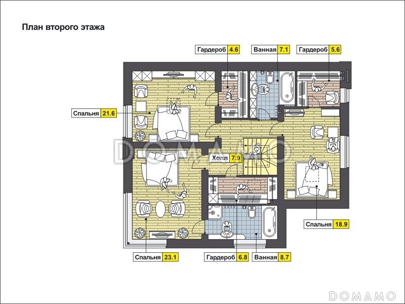 Проект загородного дома с игровой, крытой террасой, камином, просторной гостиной и кухней / План мансардного этажа