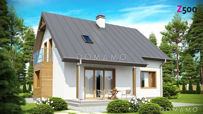 Проект одноэтажного мансардного дома из кирпича с прямоугольным эркером и балконом