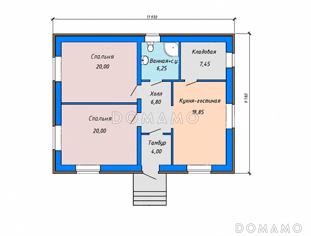 Проект небольшого одноэтажного дома с двумя спальнями, кладовой в кухне-гостиной / План 1 этажа