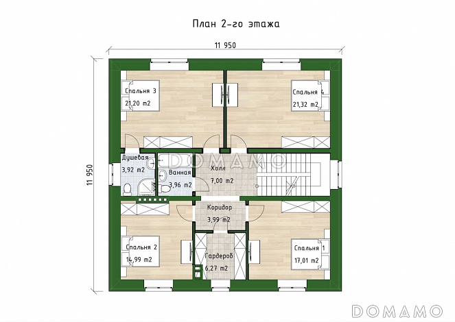 Проект двухэтажного дома с 4 спальнями, большой гостиной и подсветкой на террасе / План 2 этажа