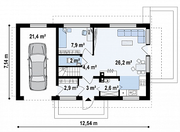 Проект компактного одноэтажного мансардного дома из газобетона с дополнительной спальней на первом этаже и гаражом / План 1 этажа