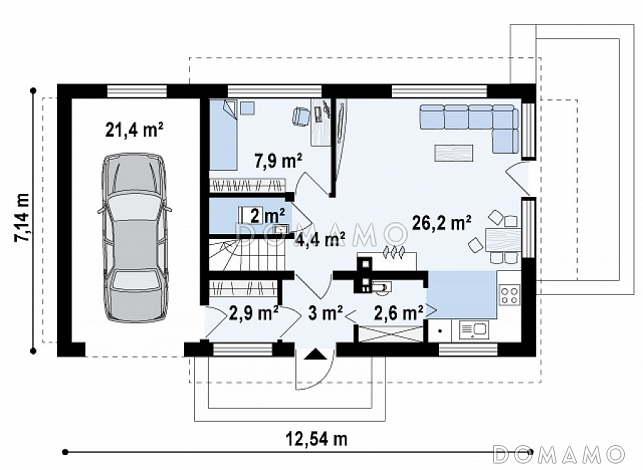 Проект компактного одноэтажного мансардного дома из газобетона с дополнительной спальней на первом этаже и гаражом / План 1 этажа