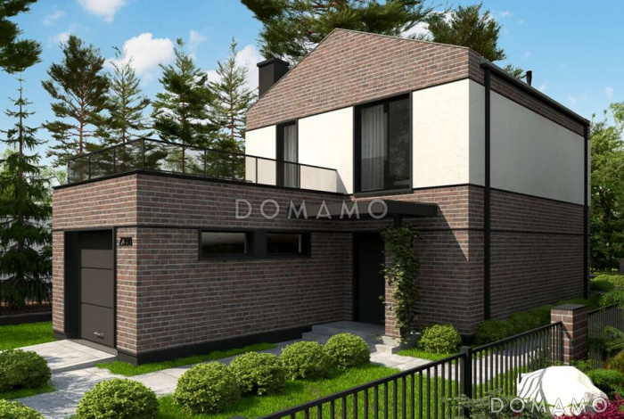 Проект двухэтажного дома из газобетона с фронтальным гаражом для узкого участка