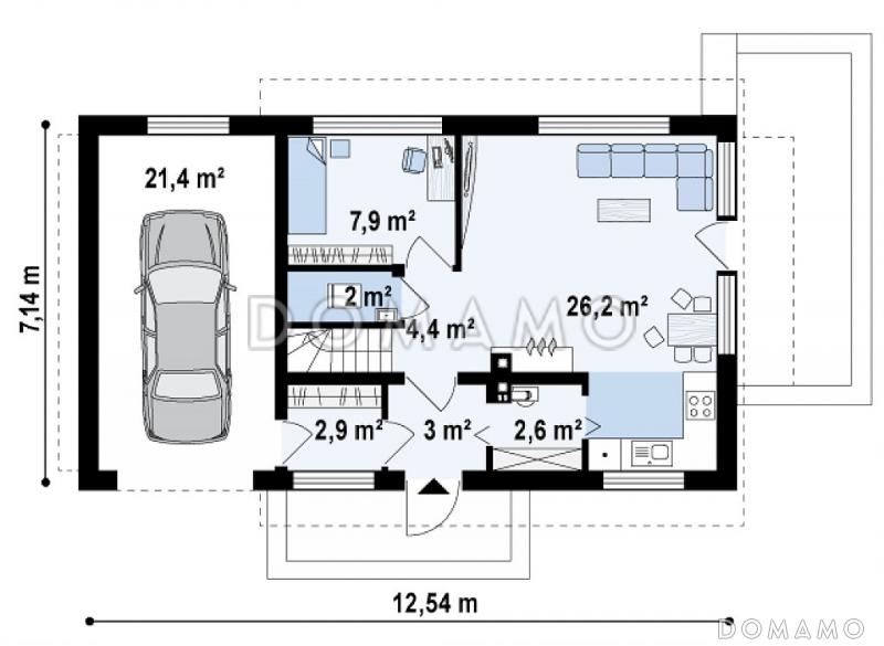 Проект компактного одноэтажного мансардного дома из газобетона с дополнительной спальней на первом этаже и гаражом / План 1 этажа