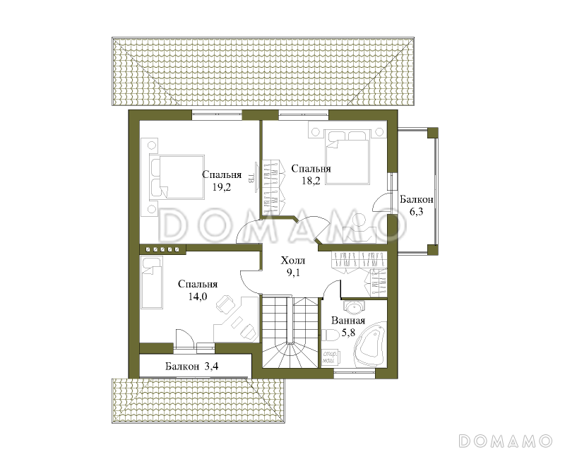 Проект двухэтажного коттеджа с террасой и двумя балконами / План 2 этажа