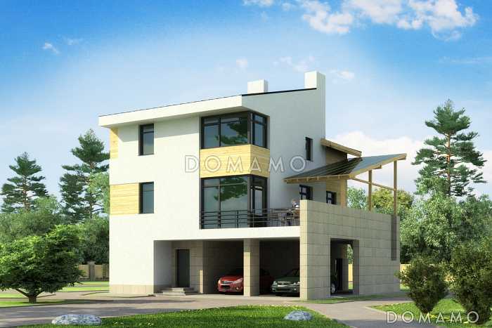 Проект загородного дома с навесом на две машины, крытой террасой, техническими помещениями на первом этаже