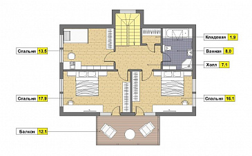 Проект дома из пеноблоков с угловой террасой и просторным балконом на мансардном этаже / План мансардного этажа