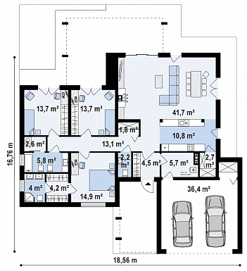 Проект просторного современного одноэтажного дома из кирпича с плоской крышей с тремя спальнями, крытой террасой и гаражом / План 1 этажа
