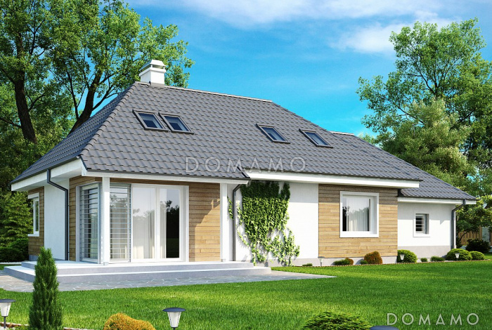 Проект одноэтажного мансардного дома из кирпича с кабинетом, угловым окном в гостиной и гаражом