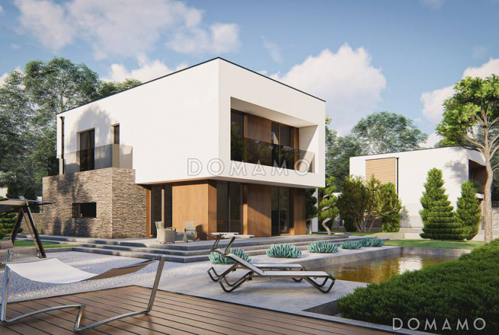 Проект двухэтажного дома с гаражом, гостиной с камином, кладовой, балконами, мастер-спальней