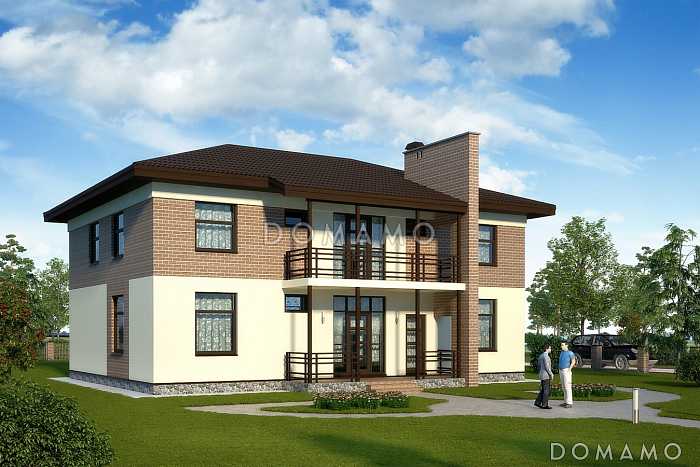 Проект двухэтажного коттеджа с контрофорсной стеной крыльца и вторым светом