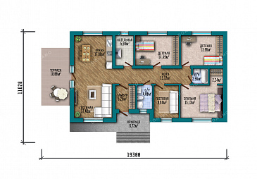 Проект прямоугольного одноэтажного дома с двухскатной фальцевой кровлей, вторым светом и классической отделкой облицовочным кирпичом и планкеном / План 1 этажа