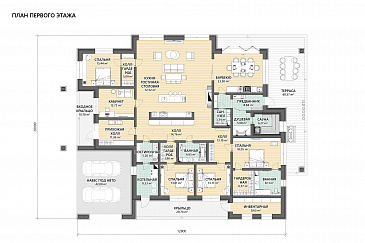 Проект современного дома с сауной, крытой террасой с барбекю, навесом для двух машин и 4 спальнями / План 1 этажа