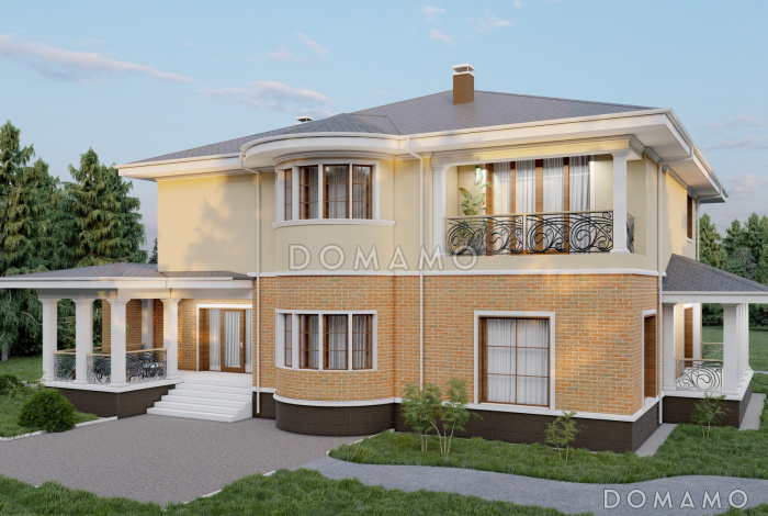 Проект просторного двухэтажного дома с эркером, двумя террасами и гаражом на 2 места