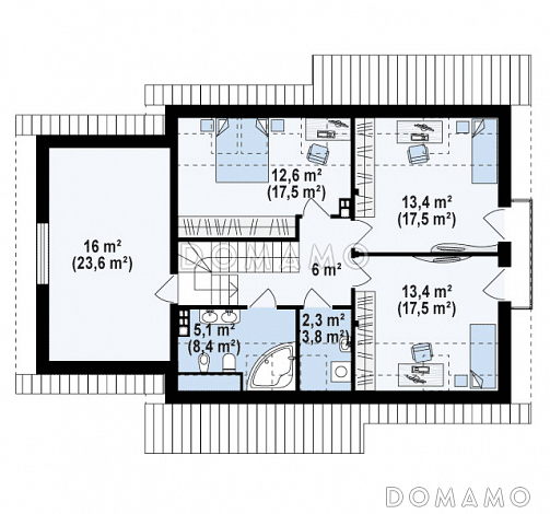 Проект классического мансардного дома из газобетона с кабинетом и большим техническим помещением и гаражом / План мансардного этажа