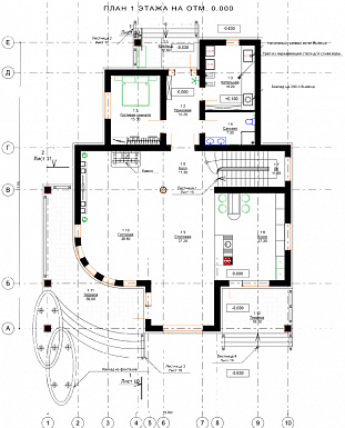 Проект дома с пятью спальнями, открытой планировкой дневной зоны с закругленным углом / План 1 этажа