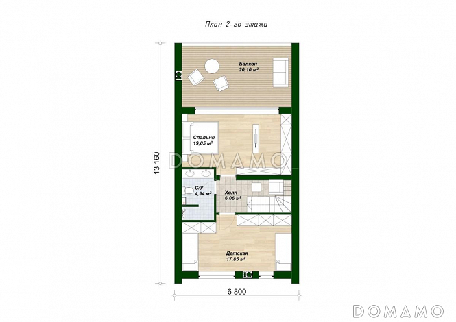 Проект двухэтажного дома из газобетона в стиле барнхаус с панорамными окнами в гостиной / План 2 этажа