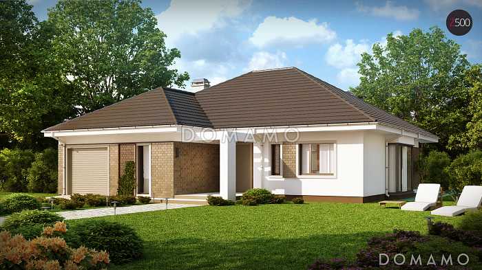 Проект одноэтажного дома из газобетона со стеклянным эркером в столовой зоне, четырьмя спальнями и гаражом