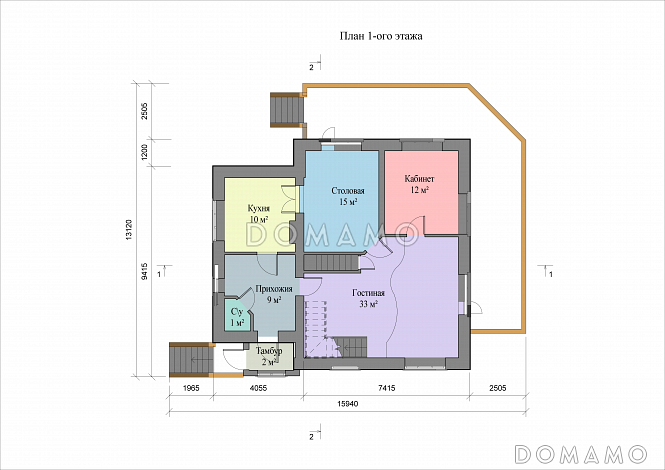 Проект кирпичного дома с цокольным и мансардным этажами, террасой и сауной / План 1 этажа
