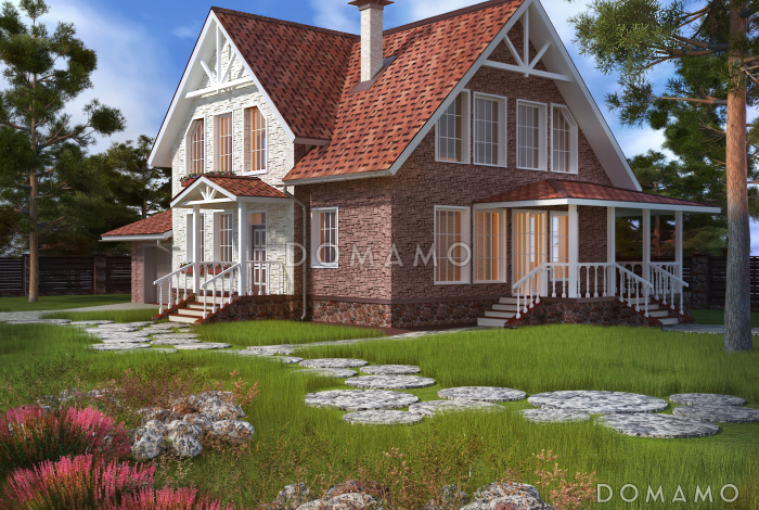 Проект загородного дома под красной кровлей с вторым светом, террасой и гаражом