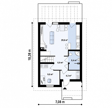 Проект одноэтажного мансардного дома из кирпича с кабинетом и с высокой аттиковой стеной / План 1 этажа
