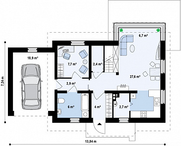 Проект одноэтажного мансардного дома из газобетона с открытой террасой над гаражом / План 1 этажа
