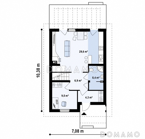 Проект одноэтажного мансардного дома из кирпича с кабинетом и с высокой аттиковой стеной / План 1 этажа