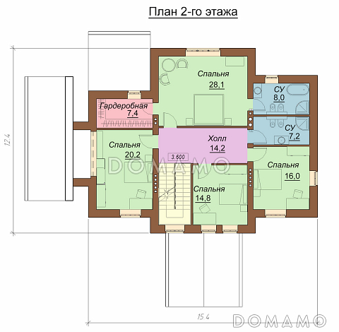 Проект двухэтажного дома с цокольным и мансардным этажами, с сауной и зимним садом / План 2 этажа