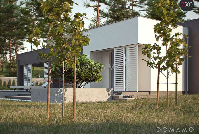 Проект одноэтажного дома из кирпича с плоской крышей, большой площадью остекления и крытой террасой