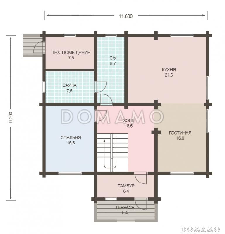 Проект дома из клееного бруса с просторной сауной и спальней на первом этаже / План 1 этажа
