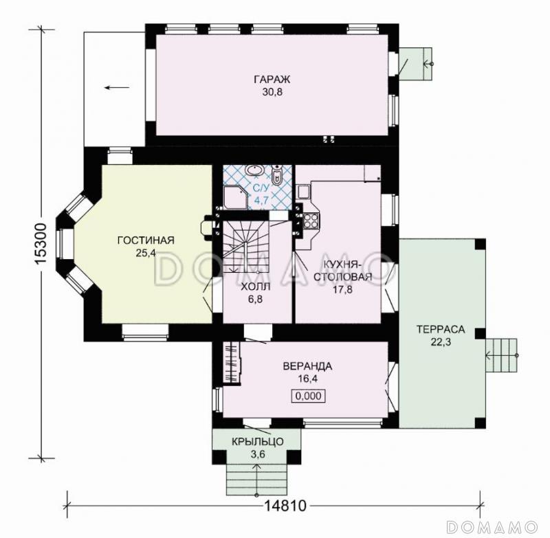 Проект кирпичного дома с полукруглым окном на мансардном этаже / План 1 этажа