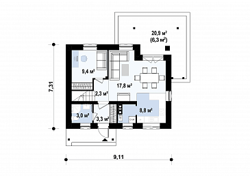 Проект компактного одноэтажного мансардного дома из кирпича с кабинетом на первом этаже и тремя спальнями на мансарде / План 1 этажа