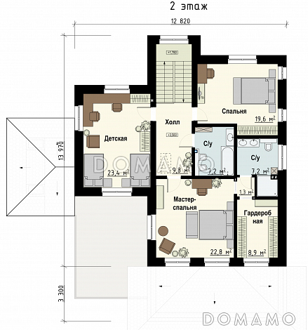 Проект дома с гаражом на 2 машины и навесом, сауной, террасой, кабинетом, детской / План 2 этажа