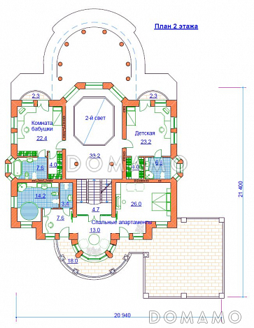Проект жилого дома с небольшим бассейном на цокольном этаже / План 2 этажа