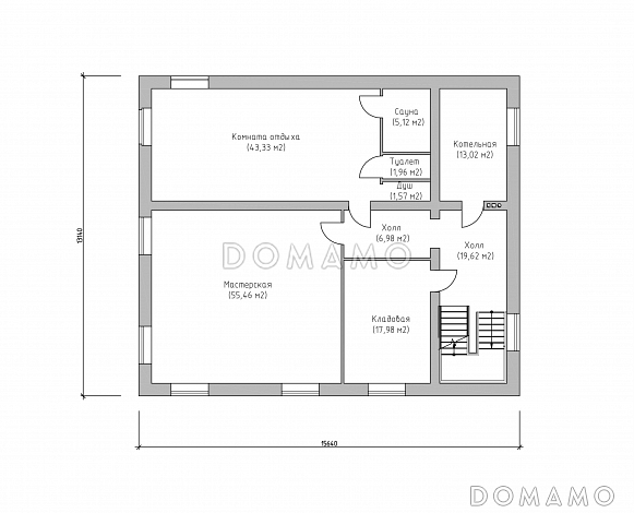 Проект большого современного дома с цокольным этажом и навесом для двух автомобилей / План цокольного этажа
