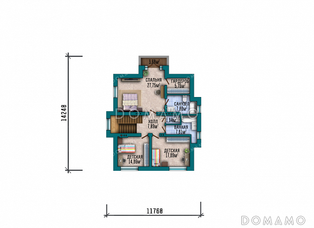 Проект большого двухэтажного дома в стиле Райт с подвалом, большой крытой террасой и балконом на втором этаже / План 2 этажа
