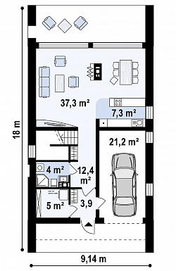 Проект одноэтажного мансардного дома из кирпича с балконом и современными элементами экстерьера и встроенным гаражом / План 1 этажа