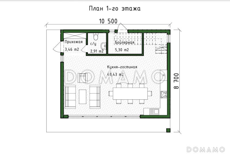 Проект двухэтажного коттеджа в стиле хай-тек, адаптированный для сейсмозоны / План 1 этажа