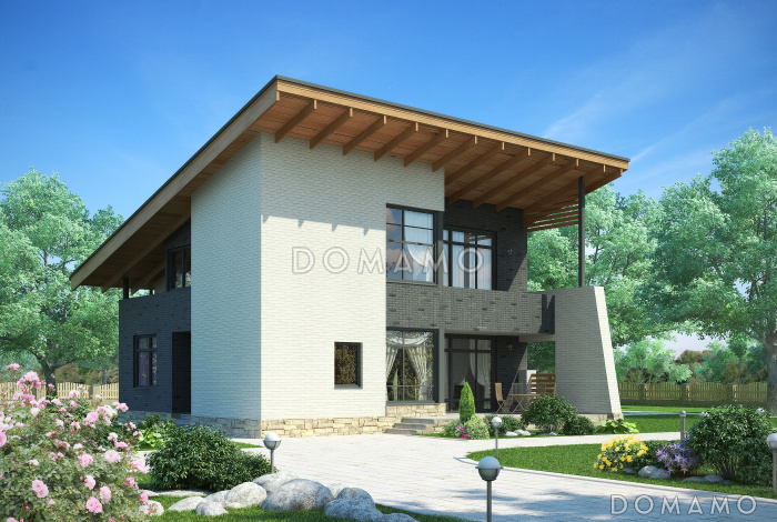 Проект загородного дома из SIP панелей с косой крышей, открытой террасой, двумя балконами, панорамными окнами